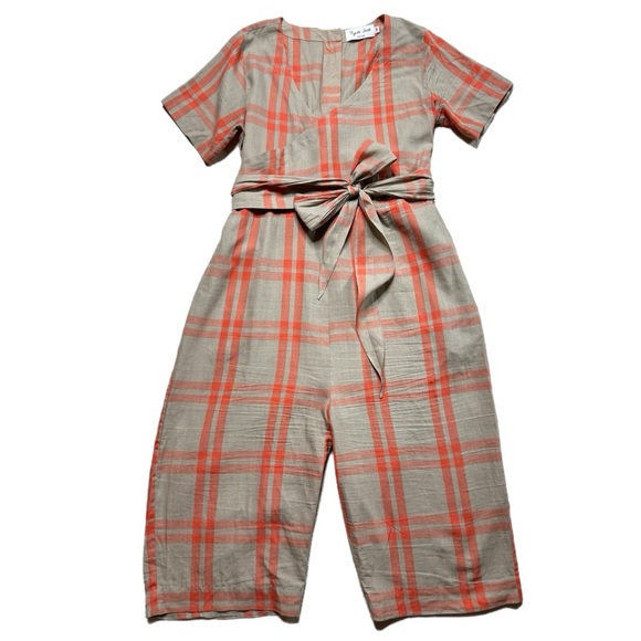 Rujuta Sheth Cotton Beige Orange Plaid Wrap Jumpsuit M - Picture 2 of 9